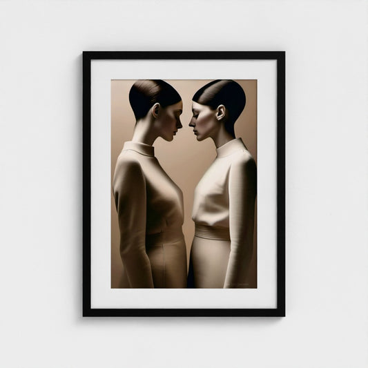 Framed artwork of two women facing each other on a beige background