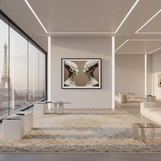 Modern living room with a large abstract painting on the wall, featuring the Eiffel Tower view.