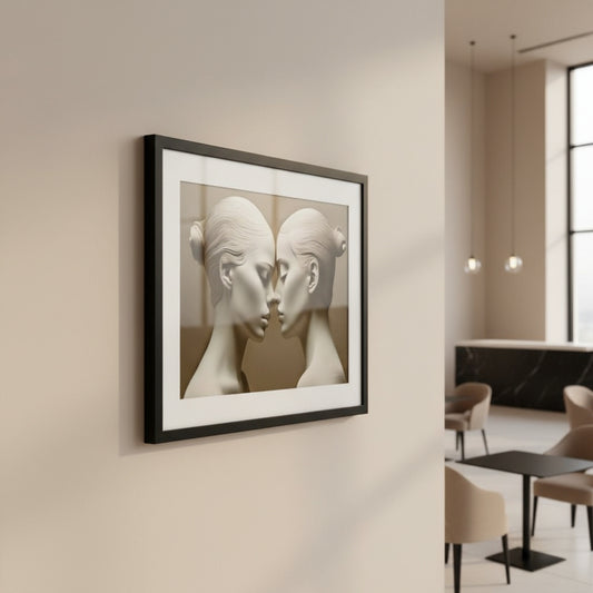 Framed artwork of two abstract faces on a wall in a modern interior setting.