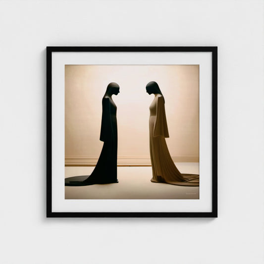 Framed artwork of two silhouetted figures in a minimalistic setting