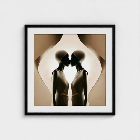 Framed artwork of two abstract figures kissing on a beige background