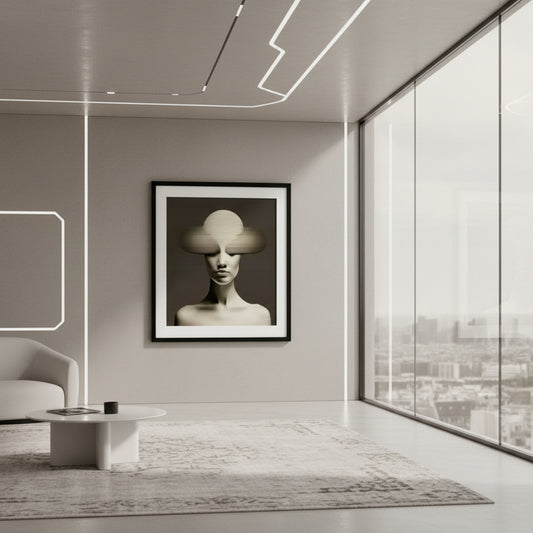 Modern interior with a framed black and white portrait on a wall with large windows showing a cityscape.