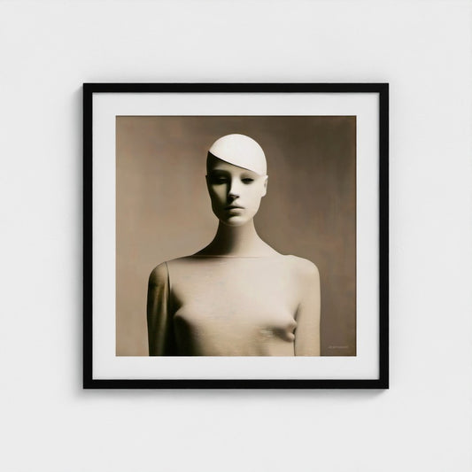 Framed artwork of a nude figure with a white head covering on a plain background