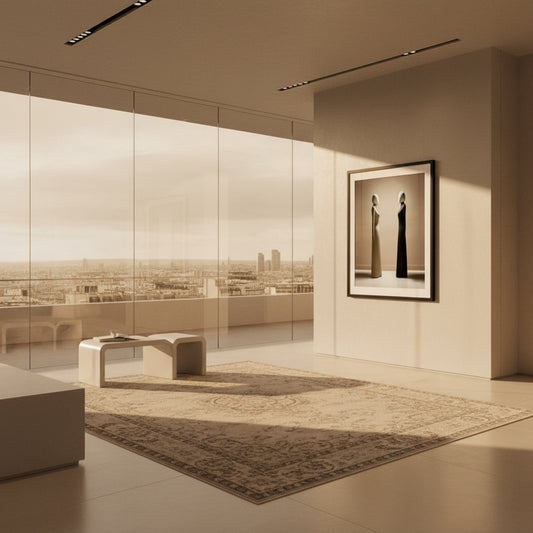 Modern interior with a large window view, a bench, and a framed picture on the wall.