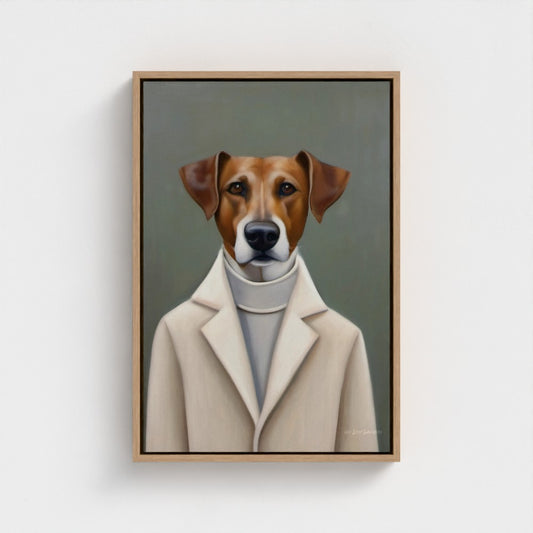 Framed artwork of a dog wearing a coat and scarf on a white wall
