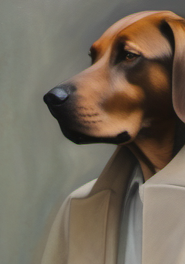 Dog wearing a beige coat against a neutral background