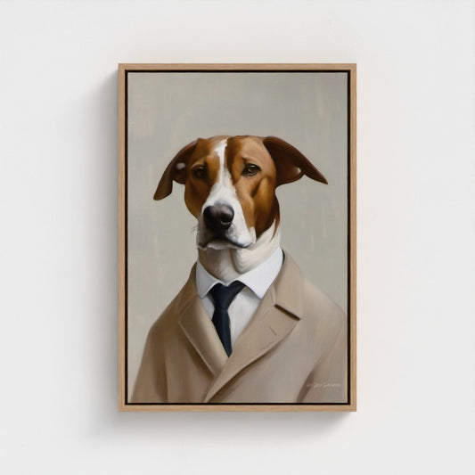 Framed artwork of a dog wearing a suit on a white wall