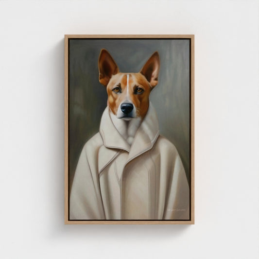 Framed painting of a dog wearing a coat on a white wall