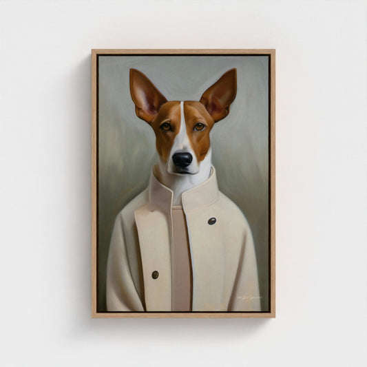 Framed painting of a dog wearing a coat on a white wall