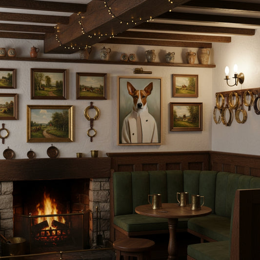 Cozy interior of a pub with a fireplace, green booths, and wall art including a dog portrait.