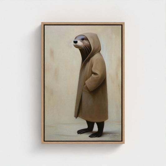 Framed artwork of an otter wearing a brown coat on a white wall