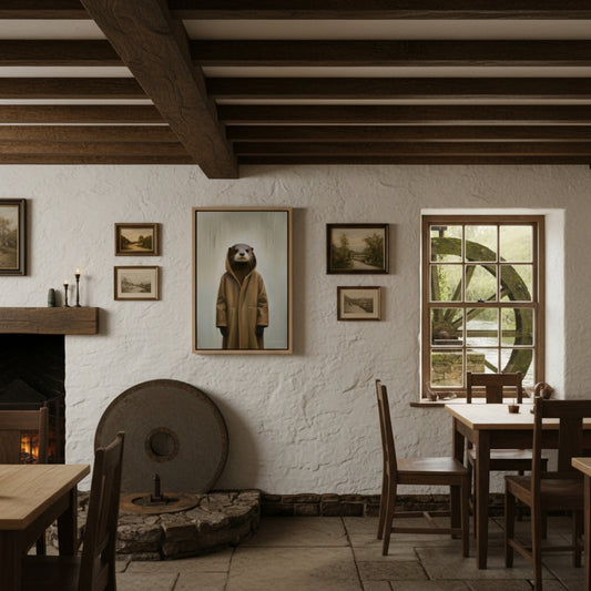 Cozy living room with a fireplace, dining table, and wall art.