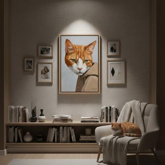 Living room with a large framed picture of a cat on the wall, books on a shelf, and a cat sitting on a chair.