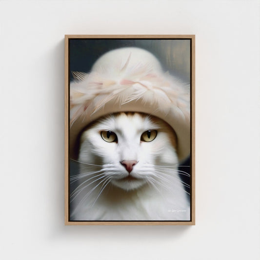 Framed artwork of a white cat wearing a pink hood with feathers on a white wall.
