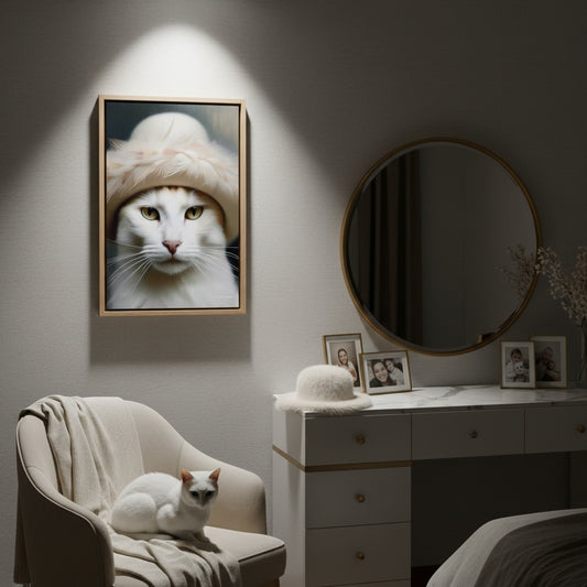 Cat sitting on a chair with a framed picture of a cat wearing a hat on the wall, and a round mirror above a dresser.