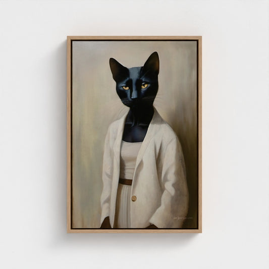 Framed artwork of a black cat wearing a beige coat on a white wall