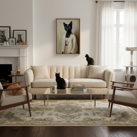 Living room with beige sofa, coffee table, and decorative items including a framed picture of a cat.