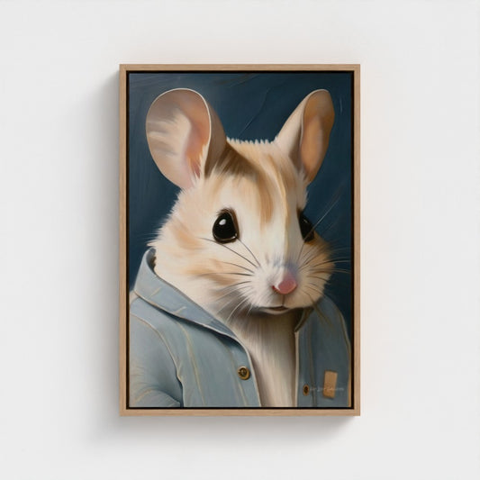 Framed artwork of a rodent wearing a jacket on a white wall