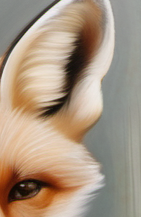 Close-up of a fox's eye and ear on a gray background