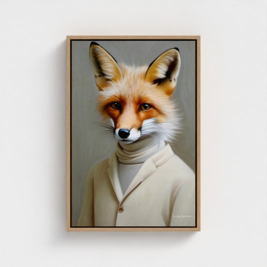 Framed artwork of a fox wearing a sweater on a white wall