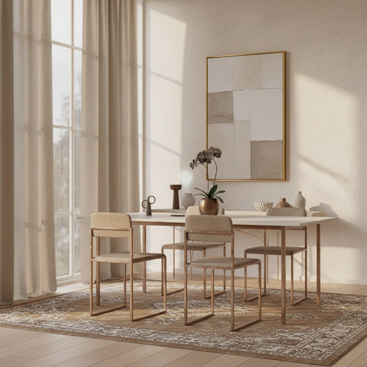 Dining room with a table and chairs, framed mirror on the wall, and decorative items.