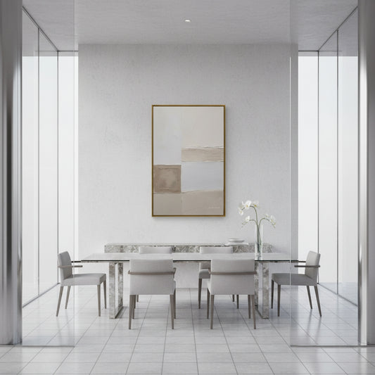 Modern dining room with a marble table and chairs, abstract painting on the wall.