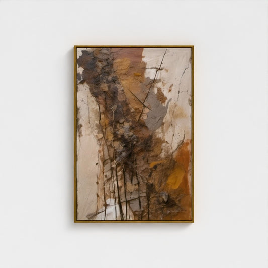 Abstract painting with earthy tones in a gold frame on a white background