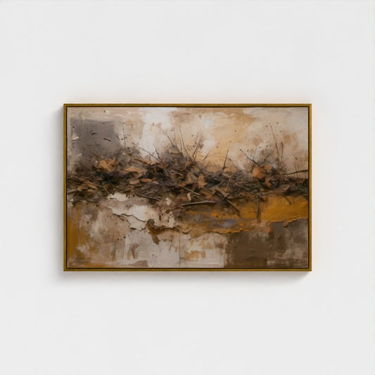 Abstract painting with earthy tones in a gold frame on a white wall