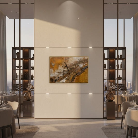 Modern interior design with abstract painting on a wall, shelves, and tables.