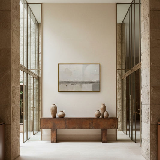 Modern interior with a wooden console table and decorative vases against a neutral wall.