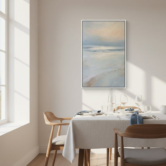 Dining room with a table set for four, chairs, and a large abstract painting on the wall.