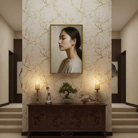 Decorative interior with a portrait on the wall, wooden cabinet, and candles.