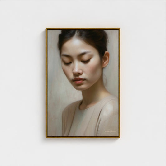 Framed portrait of a woman on a white wall