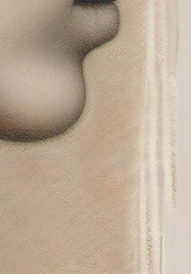 Close-up of a person's face with a neutral expression on a beige background