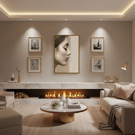 Modern living room with a fireplace, sofa, and decorative wall art.