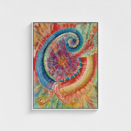 Colorful abstract spiral art piece on a white background