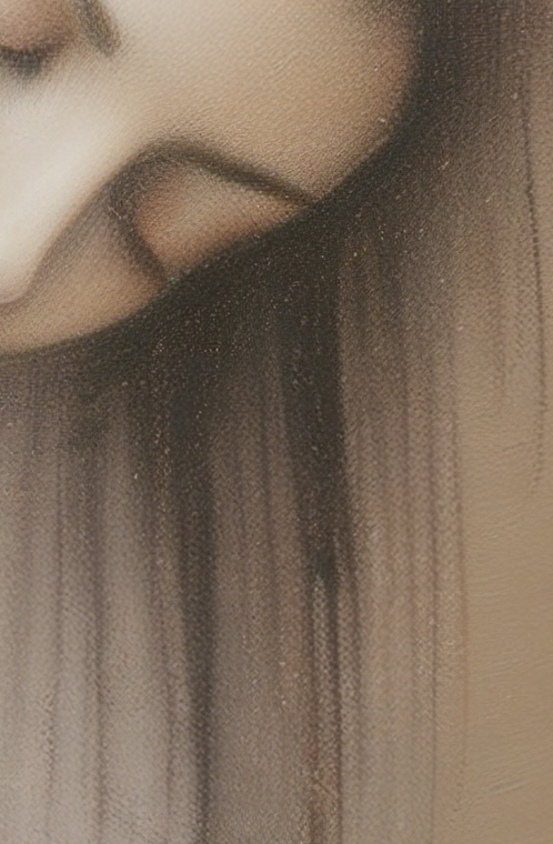 Close-up of a person with long, dark hair and a neutral expression.