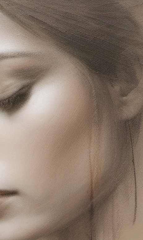 Close-up of a person's face with hair partially covering one eye.