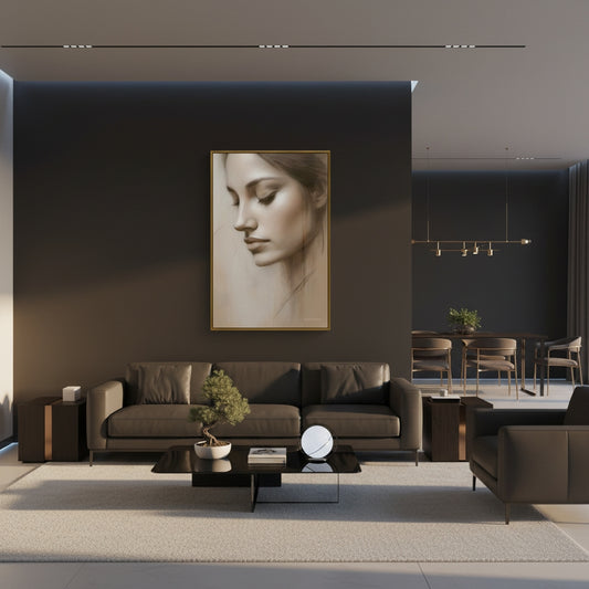 Modern living room with a large wall art piece of a woman's face.