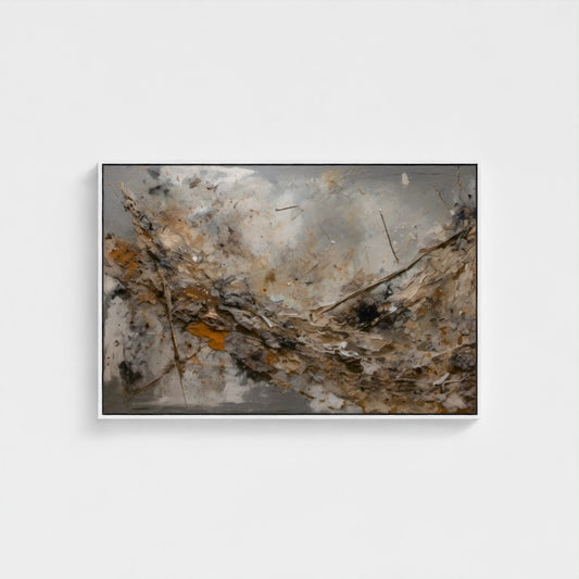 Abstract painting with earthy tones on a white wall