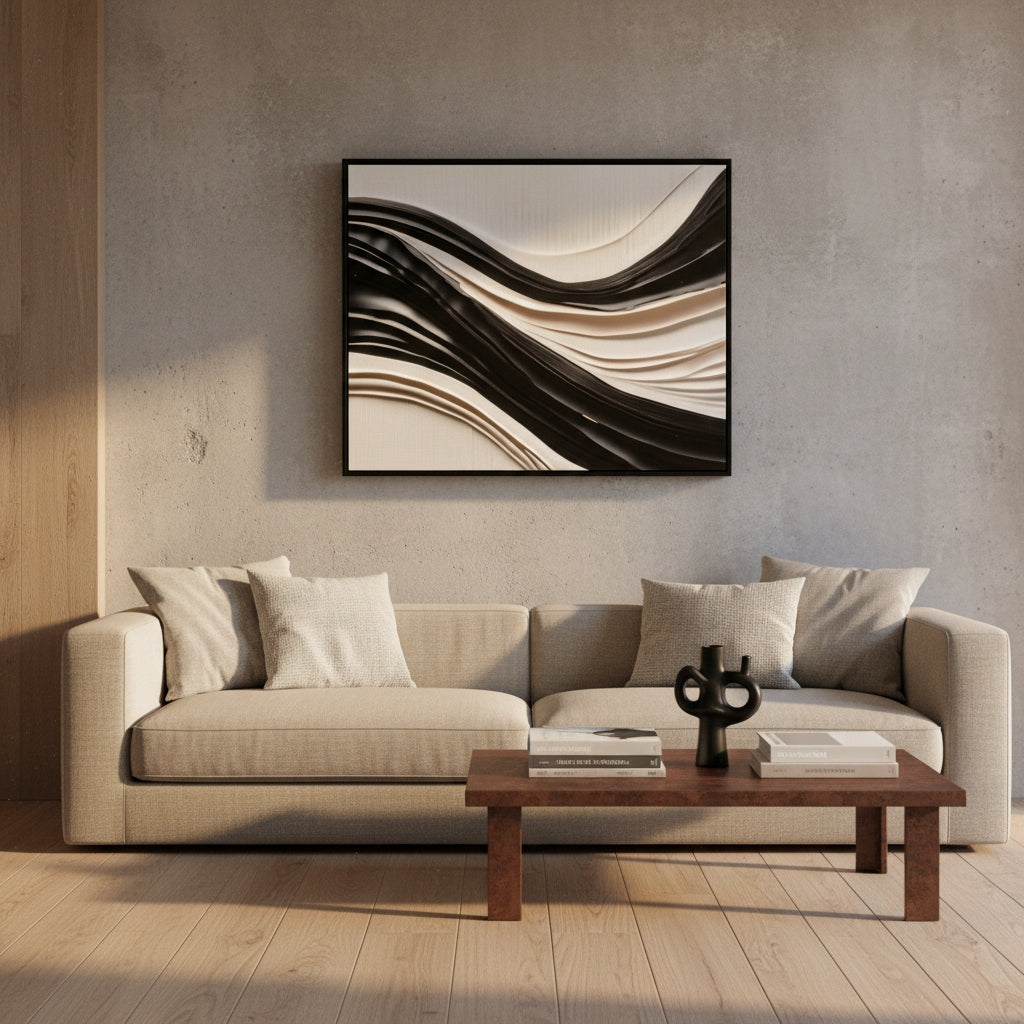 Modern living room with a beige sofa, wooden coffee table, and abstract wall art.
