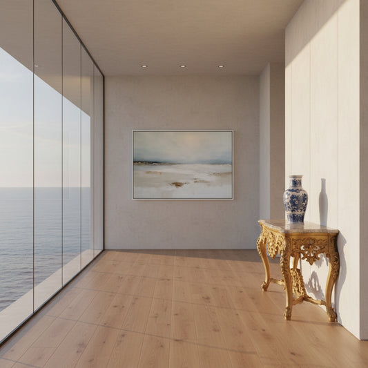 Modern interior with a painting on the wall, a console table, and decorative vases.