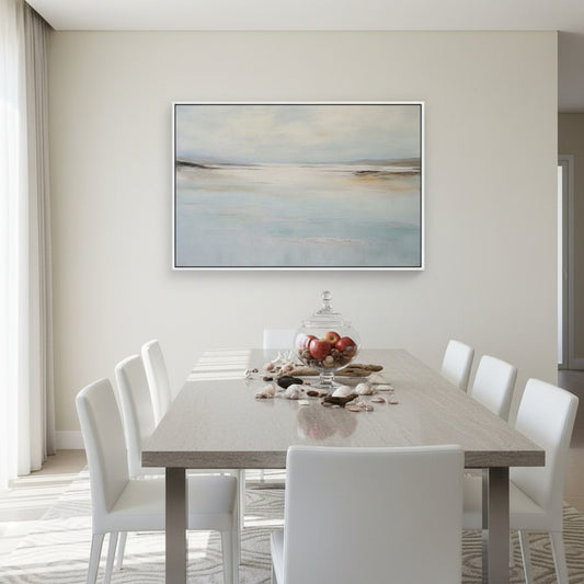 Dining room with a long table and chairs, abstract painting on the wall.