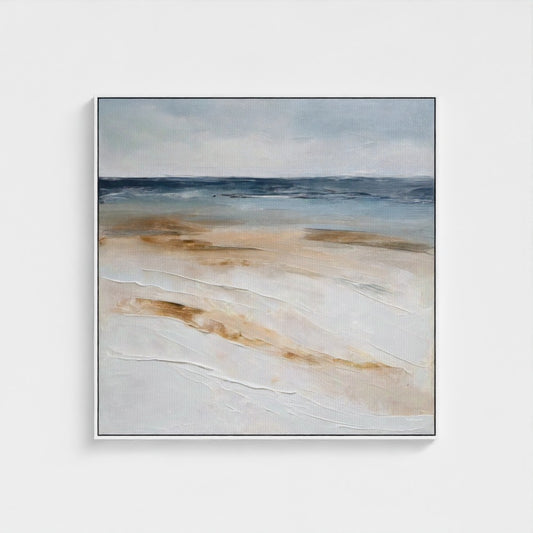 Abstract painting with wavy patterns in brown, beige, and blue on a light gray background