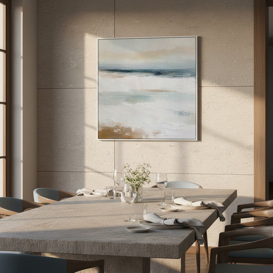 Dining room with a large abstract painting on the wall above a table set for dinner.