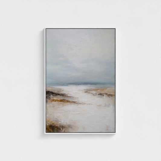 Abstract landscape painting with earthy tones on a white background