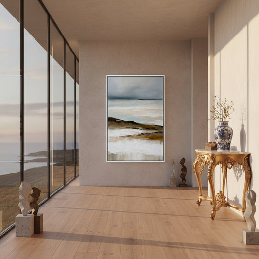 Modern interior with a large painting of a beach scene on a wall.