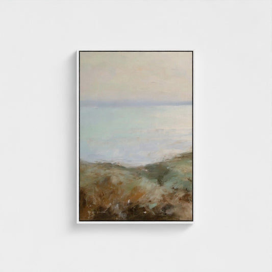 Framed abstract painting with earthy tones on a white wall