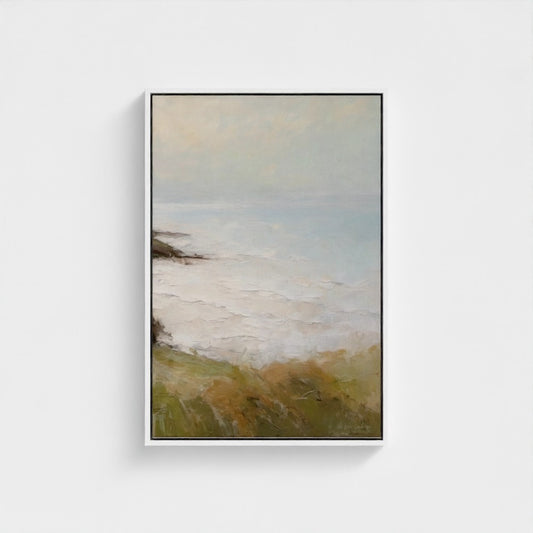 Framed abstract painting with soft colors on a white background