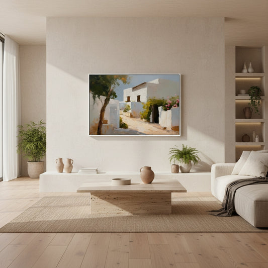 Modern living room with a painting on the wall, coffee table, and sofa.